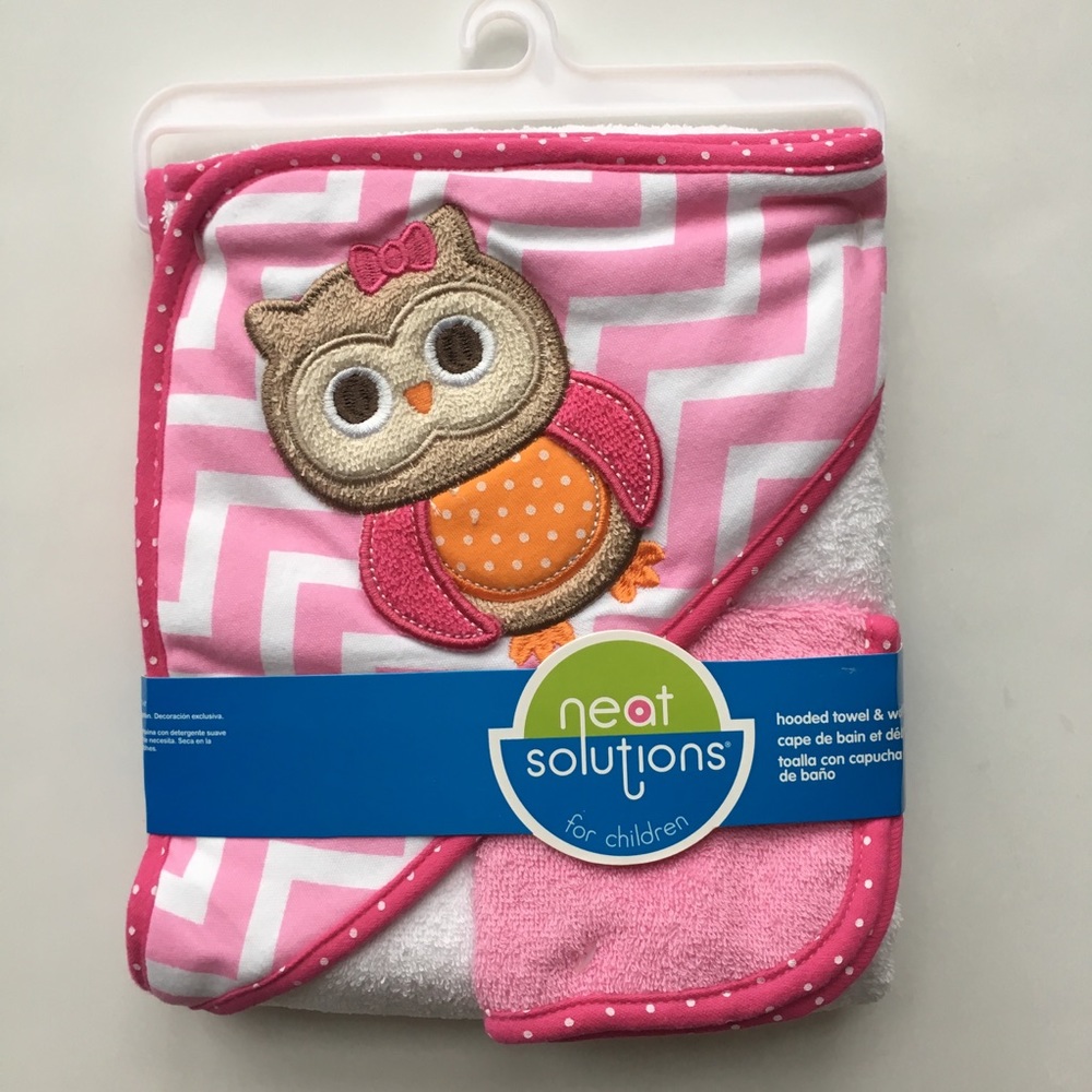 NEW Bath Set Owl Cotton Towel Washcloth Pink